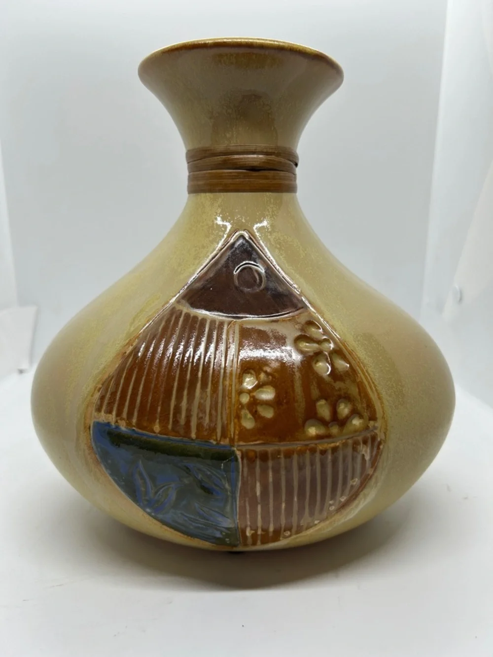 Vase Beige W/blue & Brown Flowers & Stripes Artwork On 2 Sides Unknown Origin